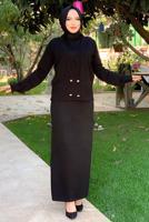 Tesettür giyim SİYAH DÜĞMELİ ÜÇLÜ ETEKLİ TRİKO TAKIM 30112	