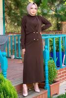Tesettür giyim KAHVE DÜĞMELİ ÜÇLÜ ETEKLİ TRİKO TAKIM 30112	