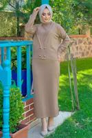 Tesettür giyim TABA DÜĞMELİ ÜÇLÜ ETEKLİ TRİKO TAKIM 30112	