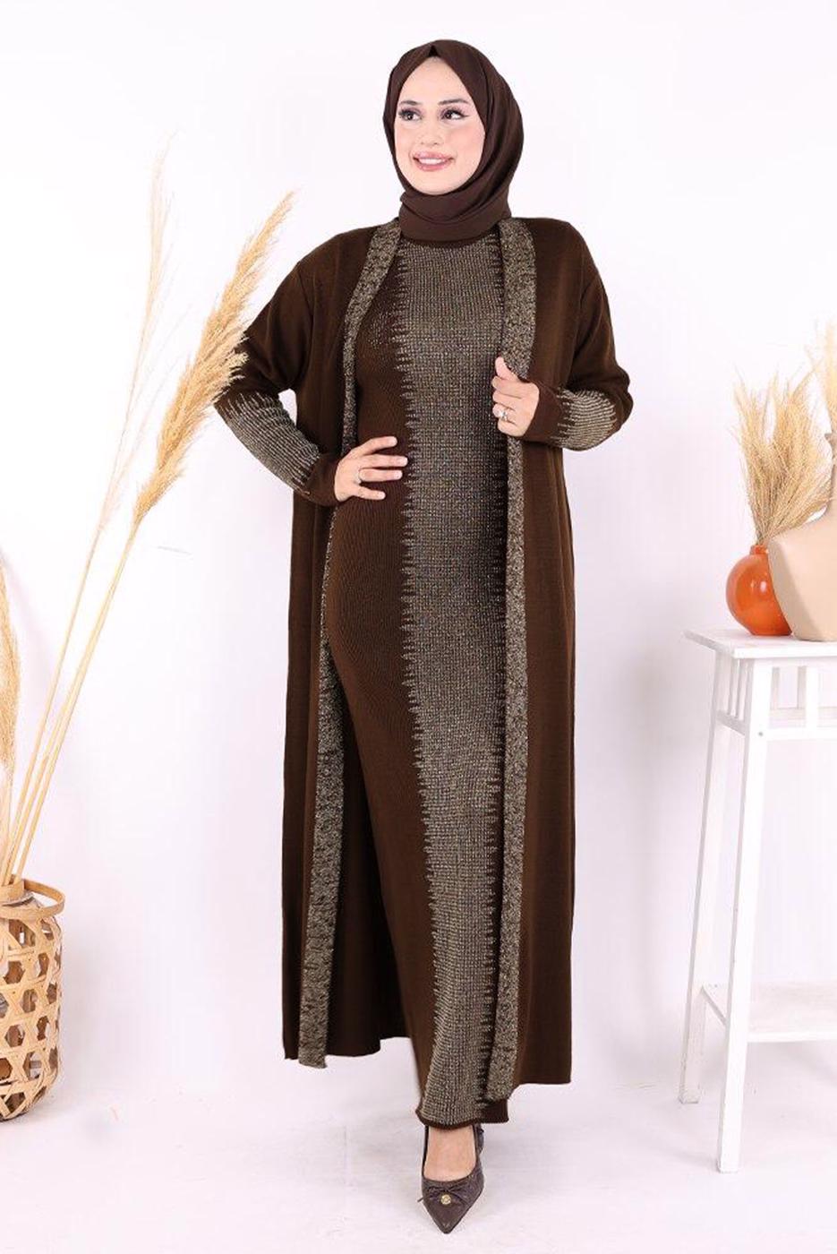 Vêtements hijab BRUN ENSEMBLE ROBE EN MAILLE ARGENTÉE T 32222