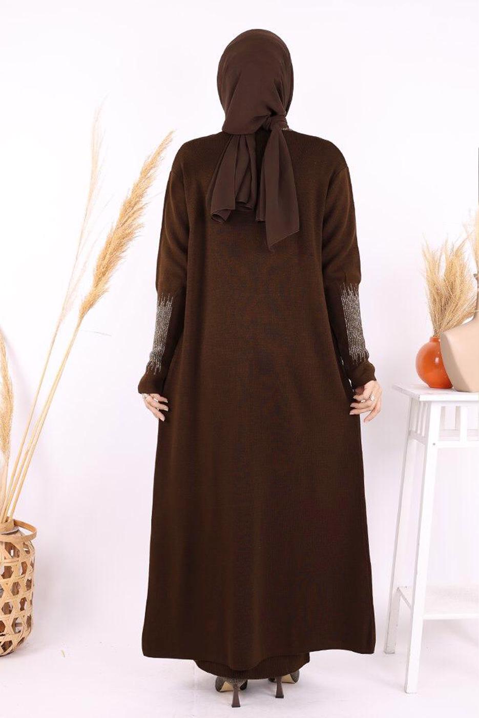 Vêtements hijab BRUN ENSEMBLE ROBE EN MAILLE ARGENTÉE T 32222