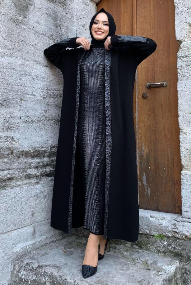 Vêtements hijab NOIR ENSEMBLE ROBE EN MAILLE ARGENTÉE T 32222 - TRENDTESETTÜR