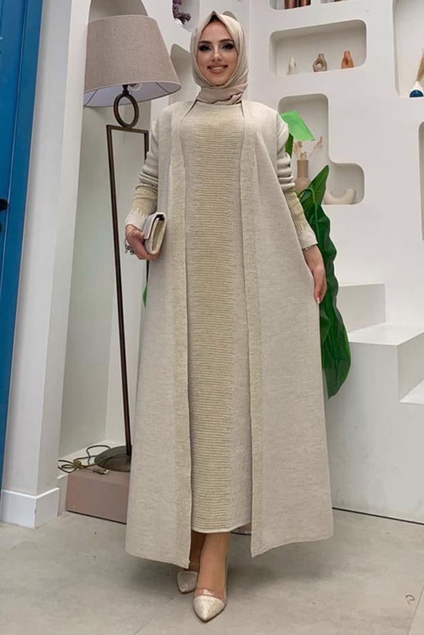 Vêtements hijab BEIGE ENSEMBLE ROBE EN MAILLE ARGENTÉE T 32222 - TRENDTESETTÜR