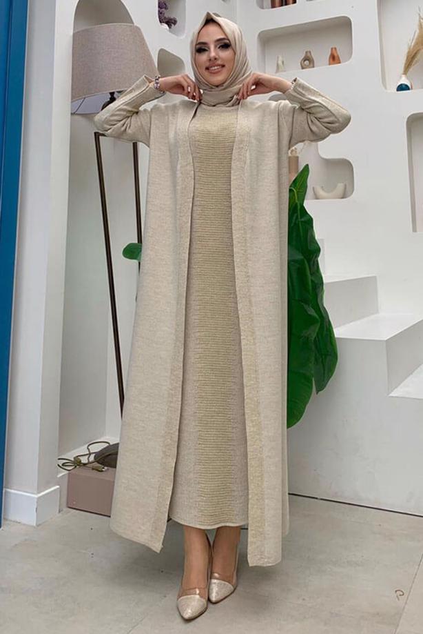 Vêtements hijab BEIGE ENSEMBLE ROBE EN MAILLE ARGENTÉE T 32222 - TRENDTESETTÜR