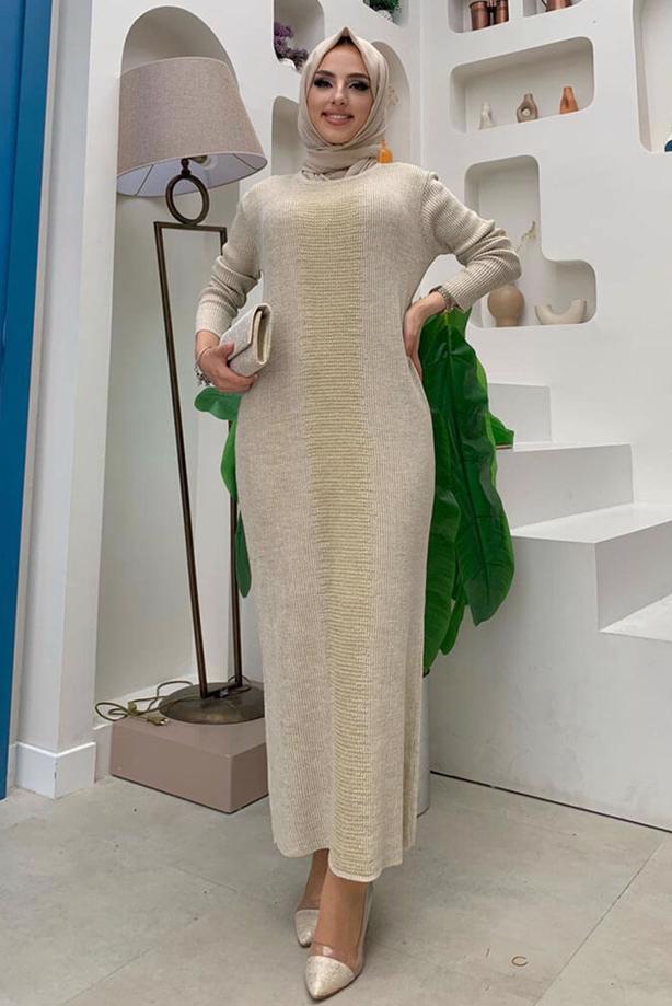 Vêtements hijab BEIGE ENSEMBLE ROBE EN MAILLE ARGENTÉE T 32222 - TRENDTESETTÜR