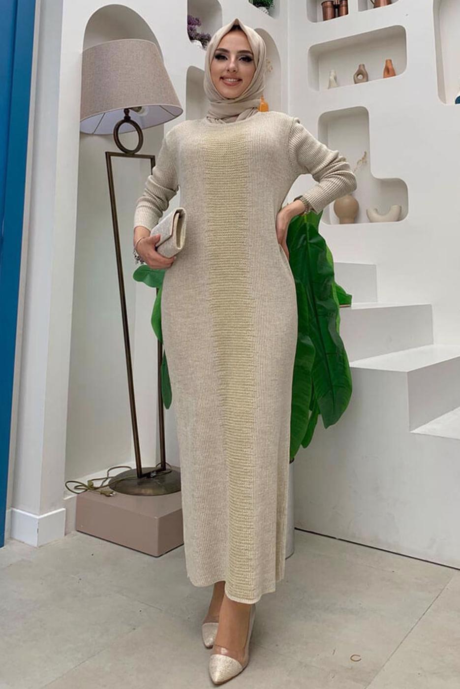 Tesettür giyim BEJ SİMLİ ELBİSELİ TRİKO TAKIM T 32222