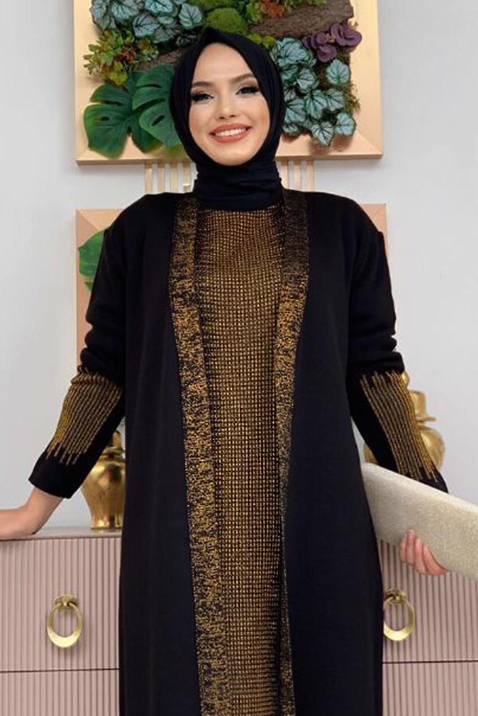 Hijab clothing BLACK SILVERY KNITWEAR DRESS SUIT T 32222
