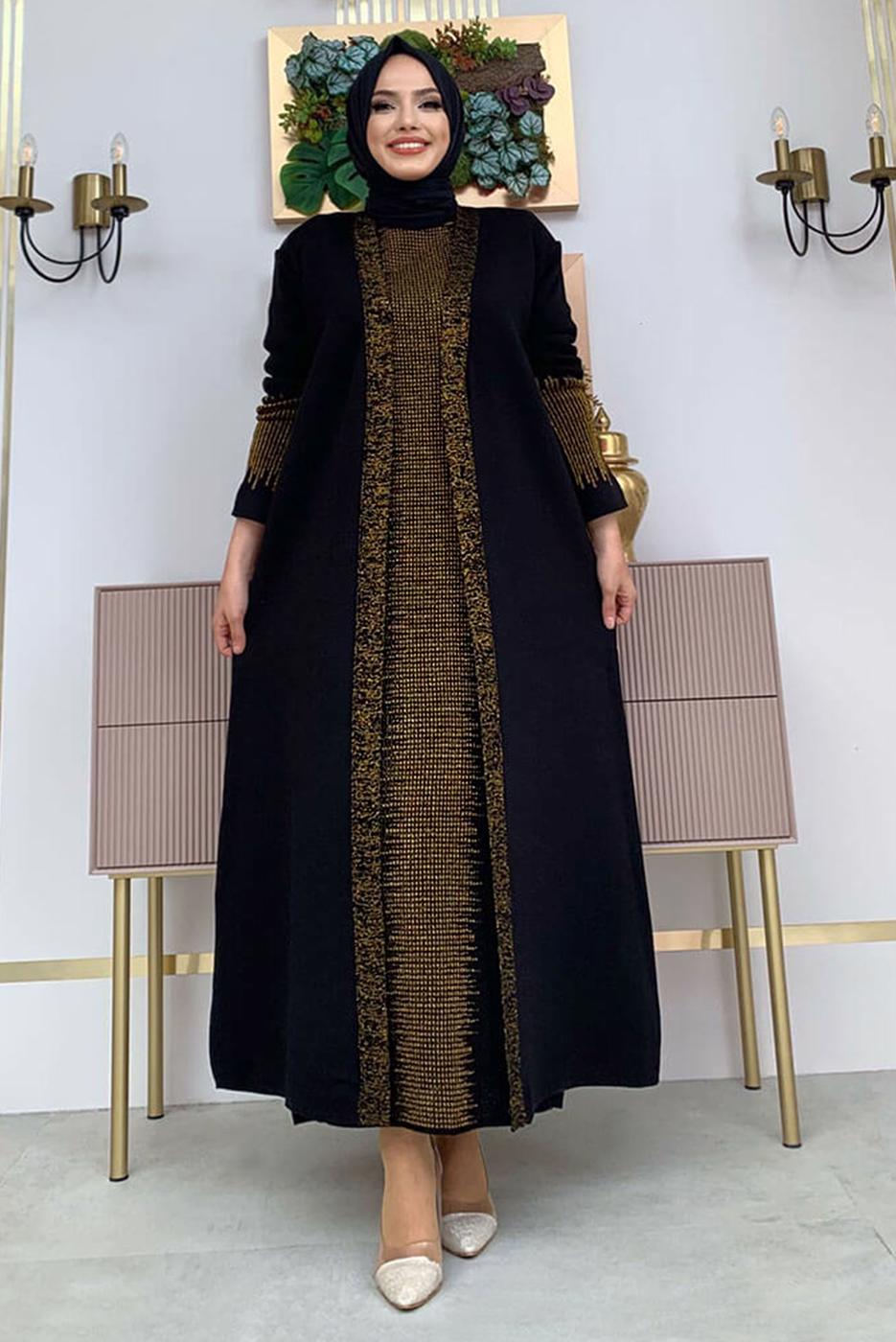 Hijab clothing BLACK SILVERY KNITWEAR DRESS SUIT T 32222