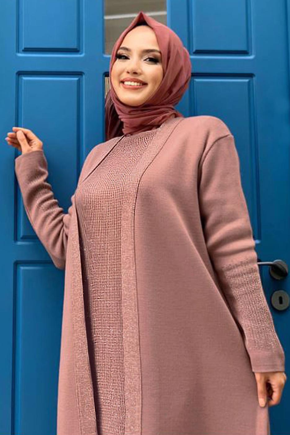 Tesettür giyim PEMBE SİMLİ ELBİSELİ TRİKO TAKIM T 32222