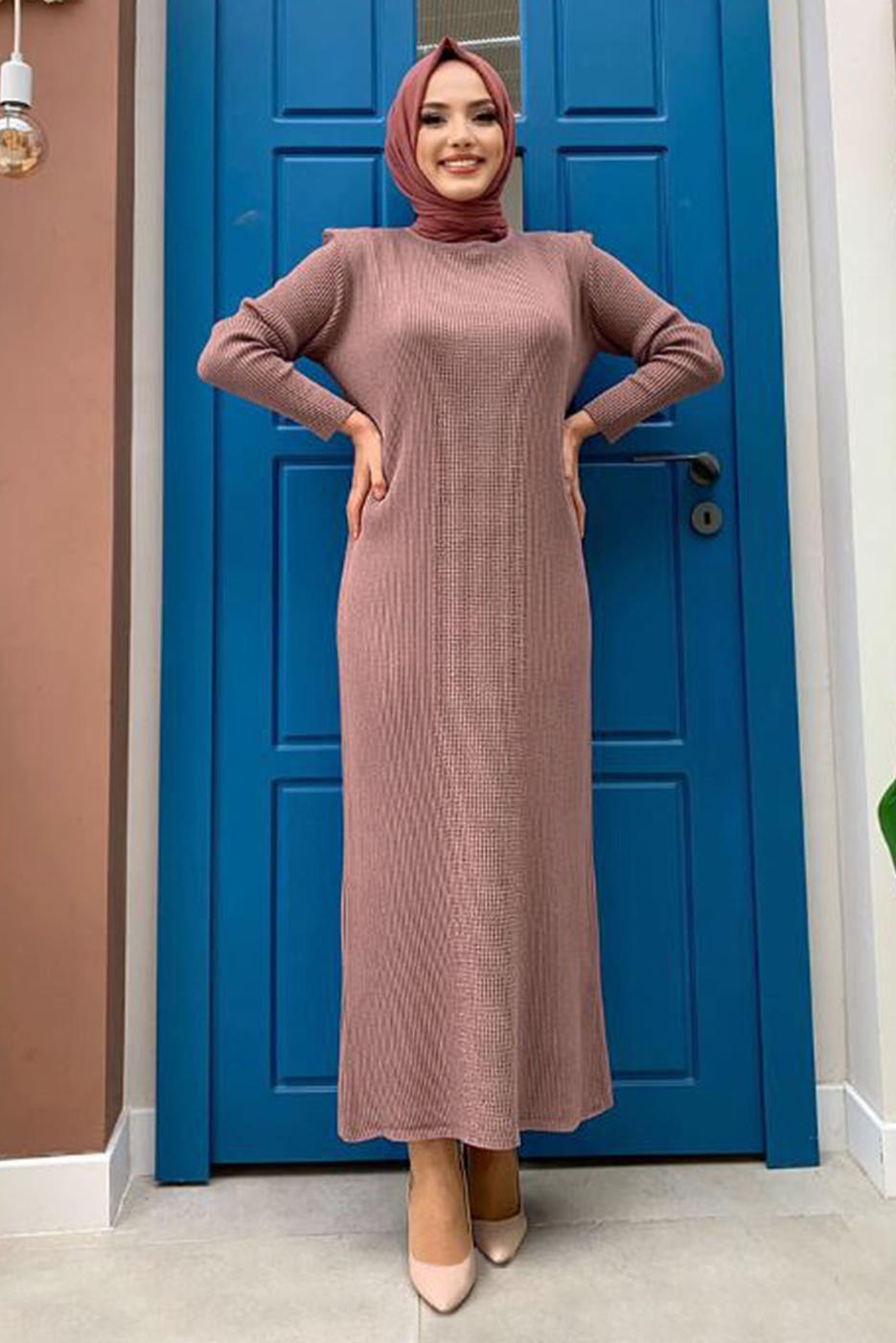 Tesettür giyim PEMBE SİMLİ ELBİSELİ TRİKO TAKIM T 32222
