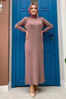 Tesettür giyim PEMBE SİMLİ ELBİSELİ TRİKO TAKIM T 32222