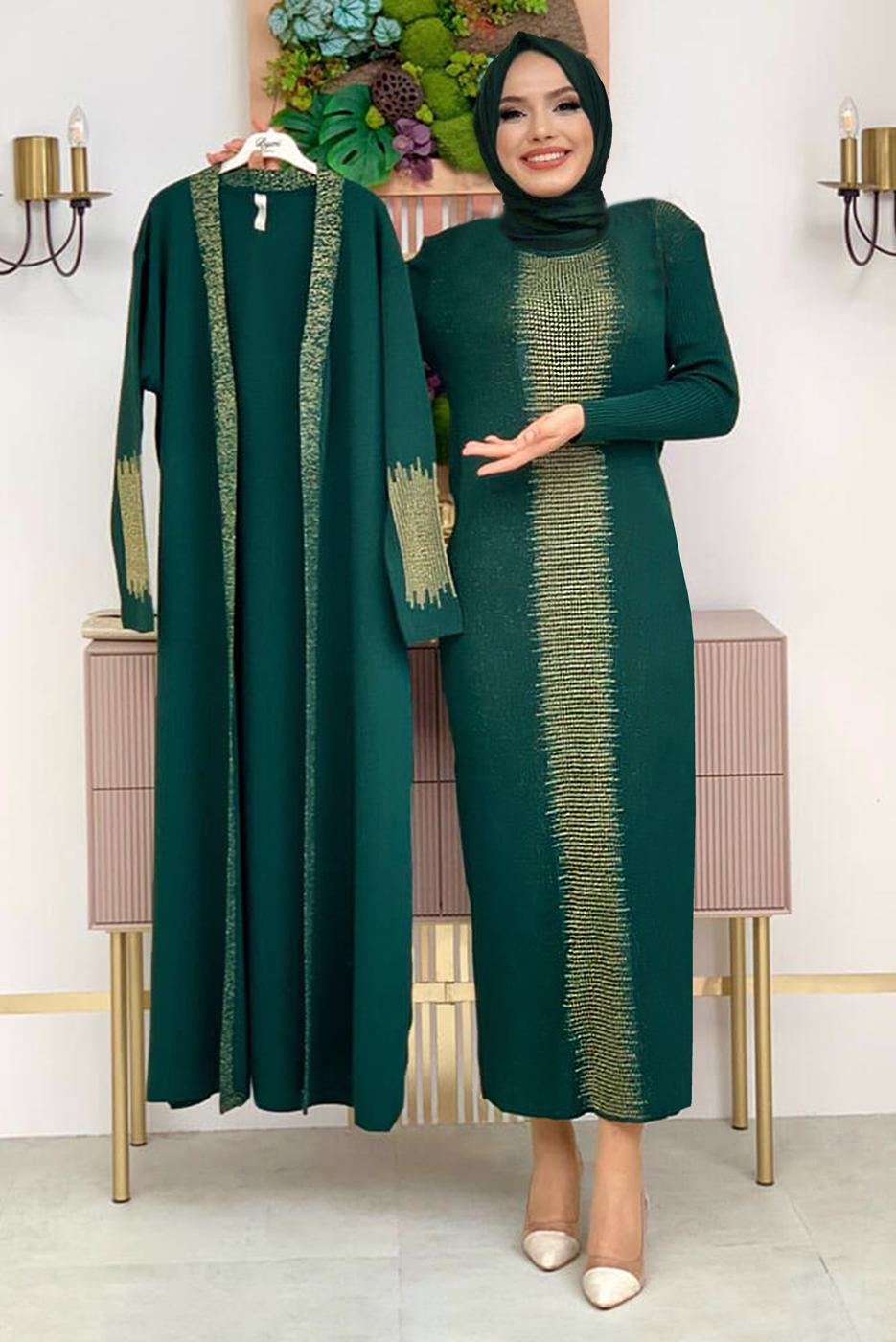 Tesettür giyim YEŞİL SİMLİ ELBİSELİ TRİKO TAKIM T 32222