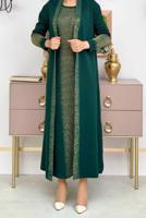 Tesettür giyim YEŞİL SİMLİ ELBİSELİ TRİKO TAKIM T 32222