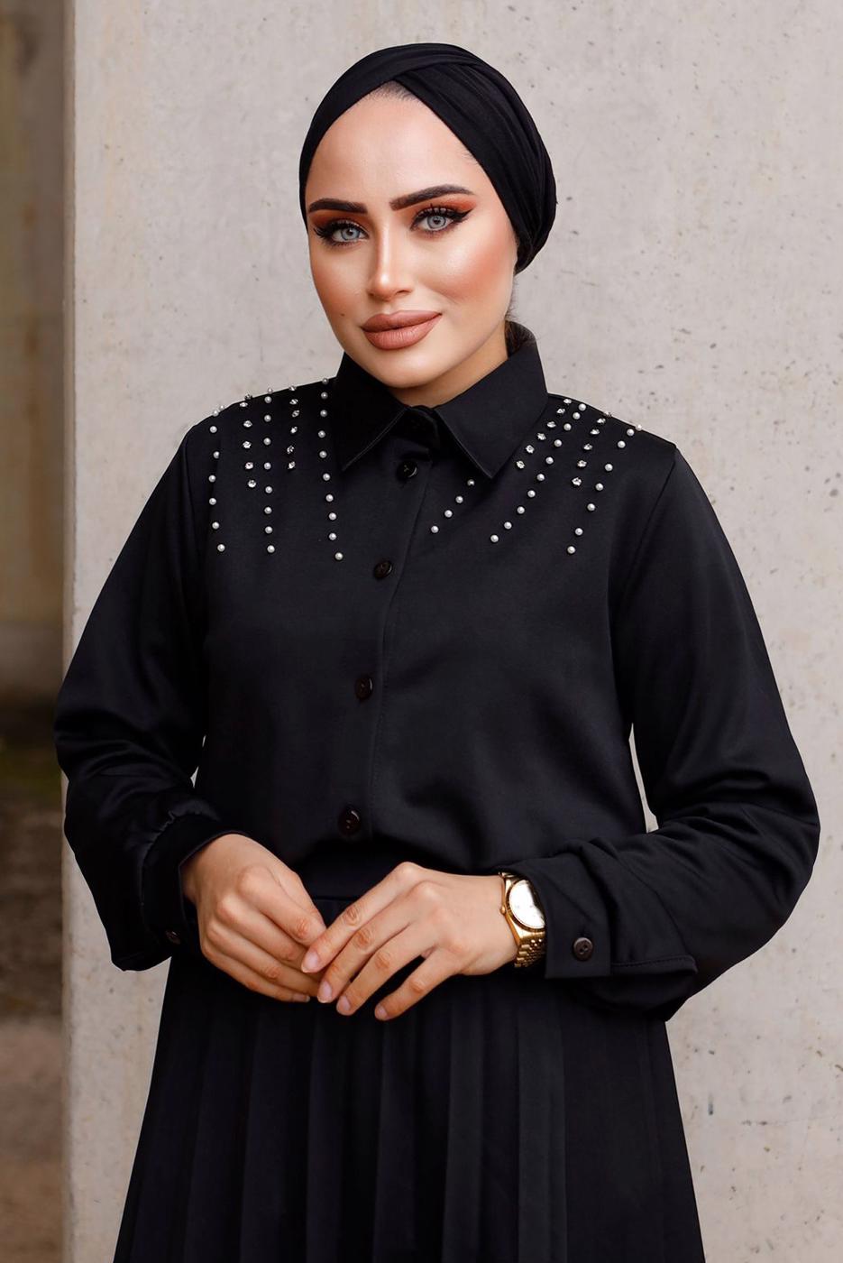 Tesettür giyim SİYAH İNCİLİ ETEKLİ TAKIM 4772