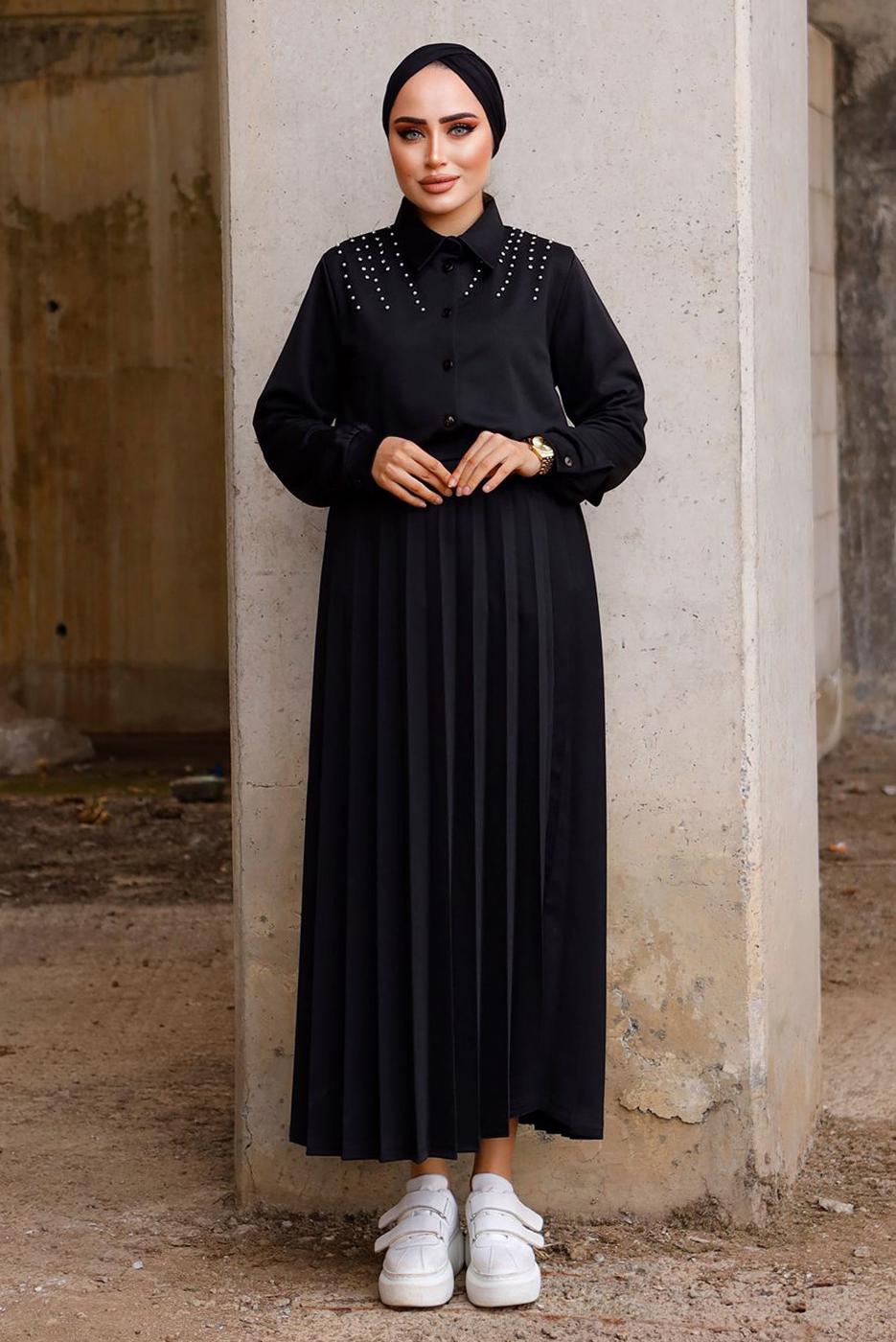Tesettür giyim SİYAH İNCİLİ ETEKLİ TAKIM 4772