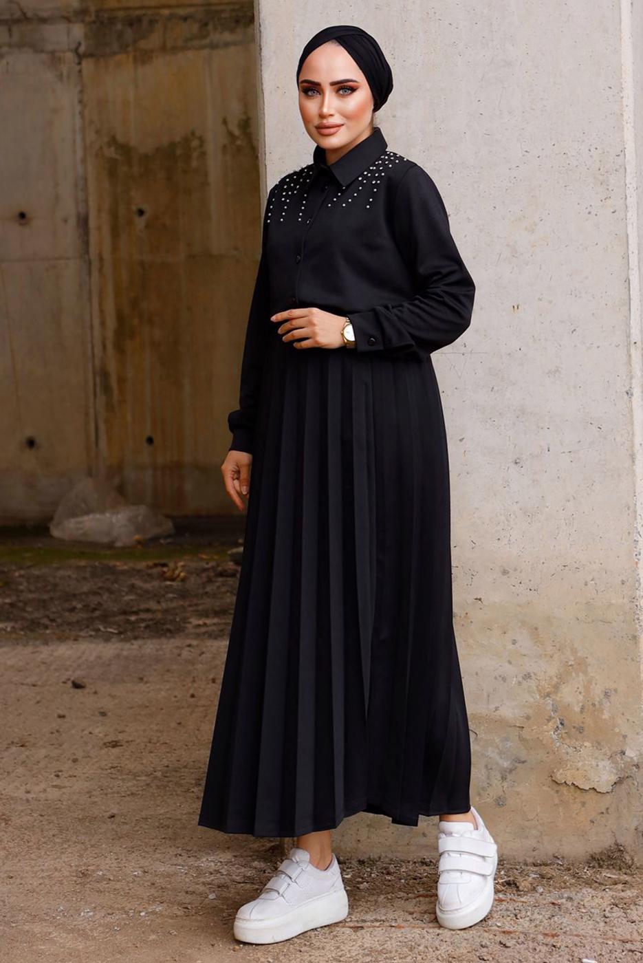 Tesettür giyim SİYAH İNCİLİ ETEKLİ TAKIM 4772