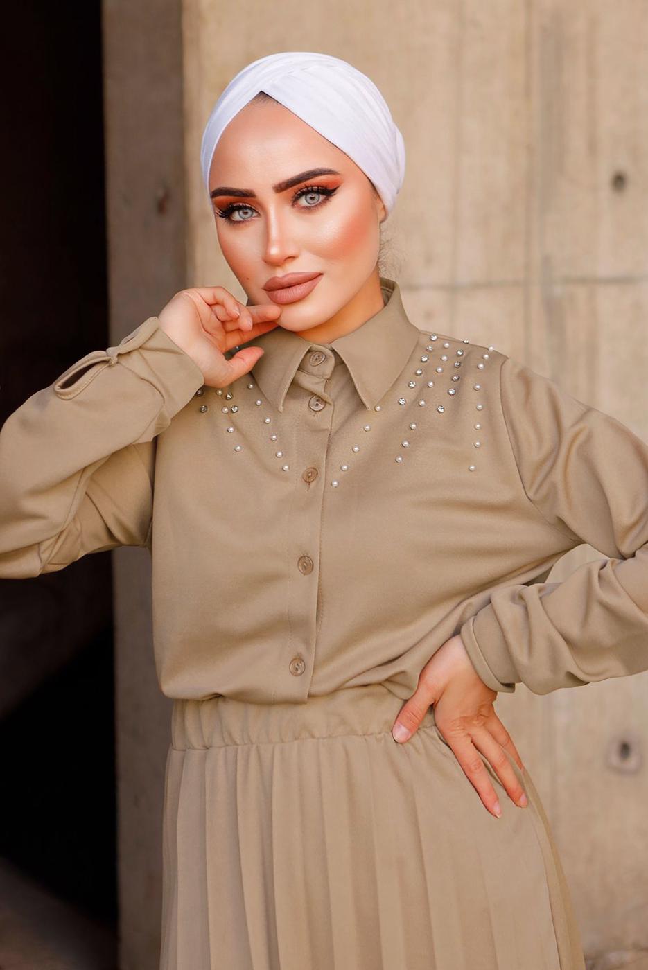 Tesettür giyim KAHVE İNCİLİ ETEKLİ TAKIM 4772