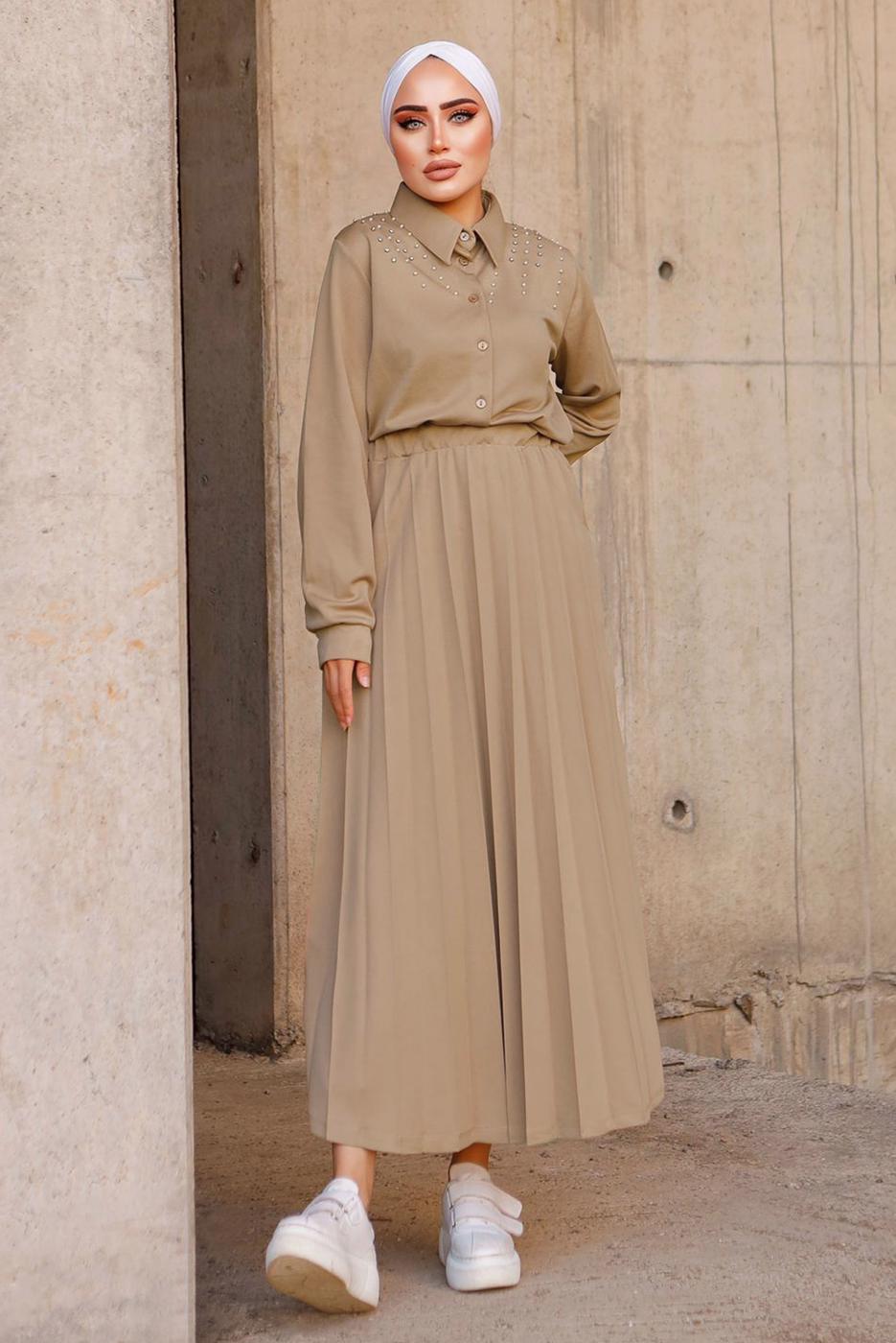 Tesettür giyim KAHVE İNCİLİ ETEKLİ TAKIM 4772