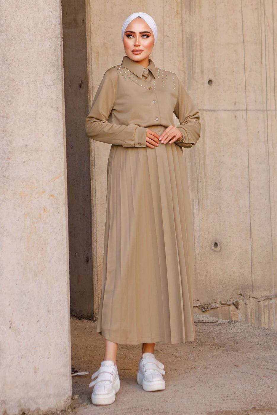 Tesettür giyim KAHVE İNCİLİ ETEKLİ TAKIM 4772