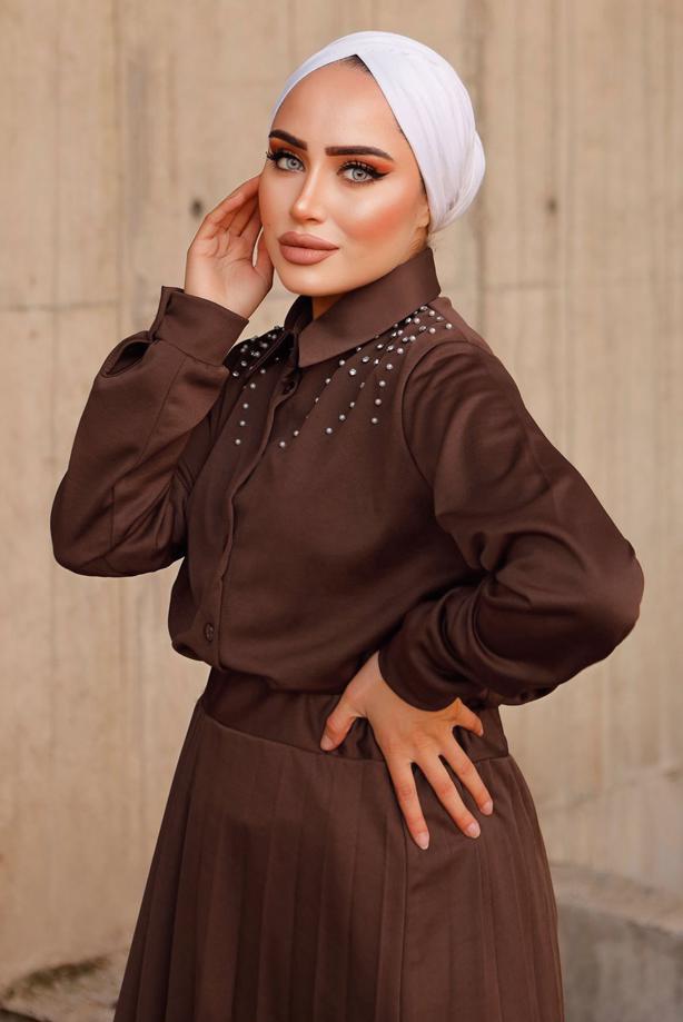 Vêtements hijab BRUN COSTUME JUPE DÉTAILS PERLES 4772 - TRENDTESETTÜR