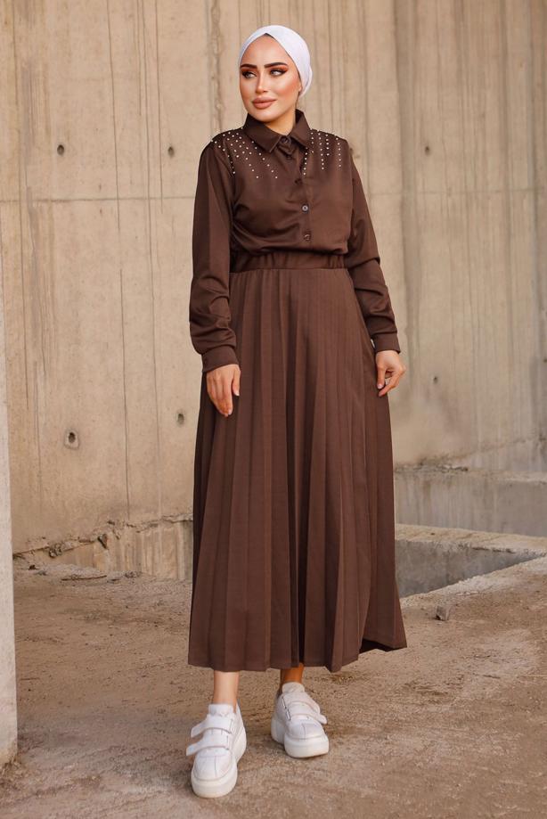 Vêtements hijab BRUN COSTUME JUPE DÉTAILS PERLES 4772 - TRENDTESETTÜR