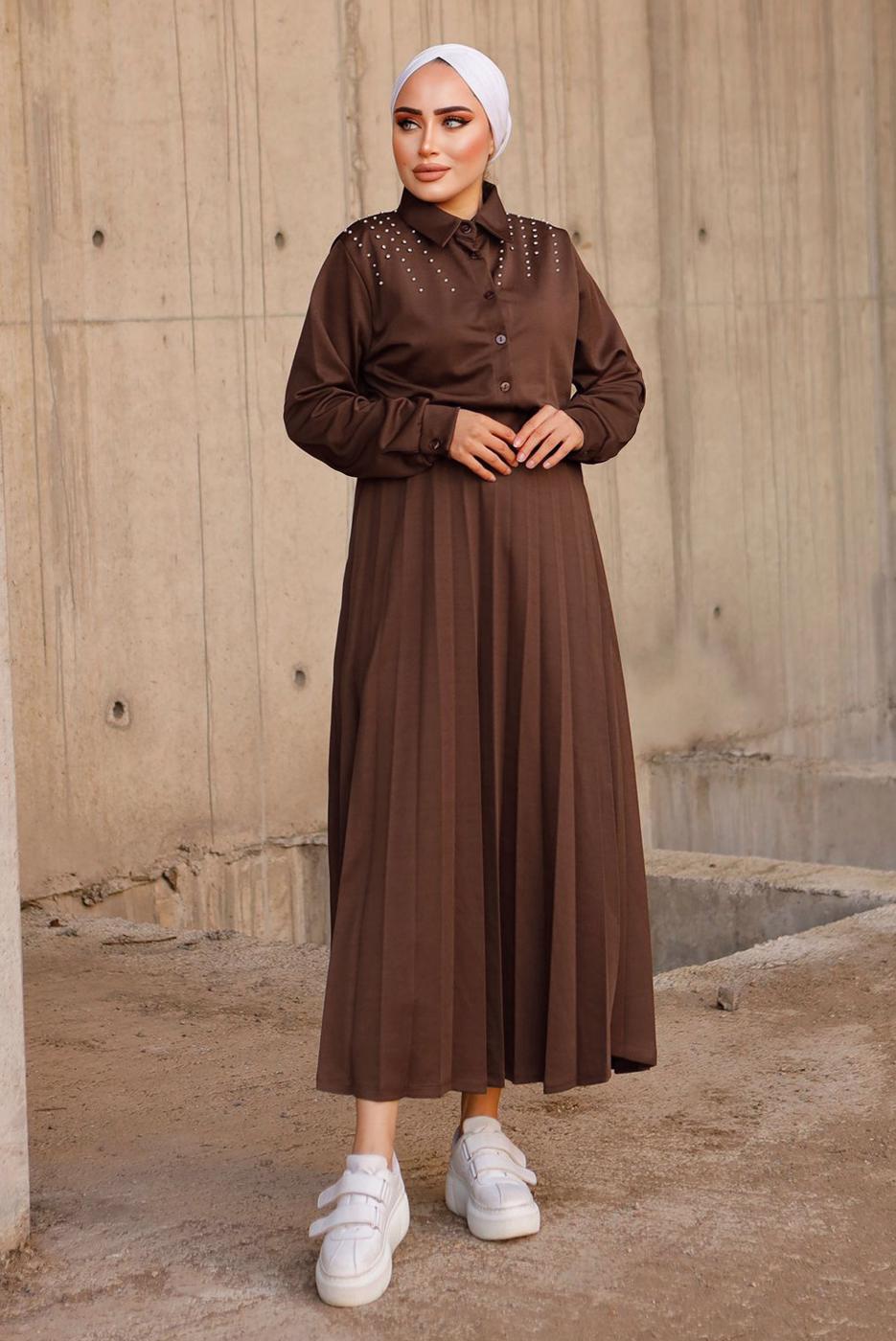 Vêtements hijab BRUN COSTUME JUPE DÉTAILS PERLES 4772