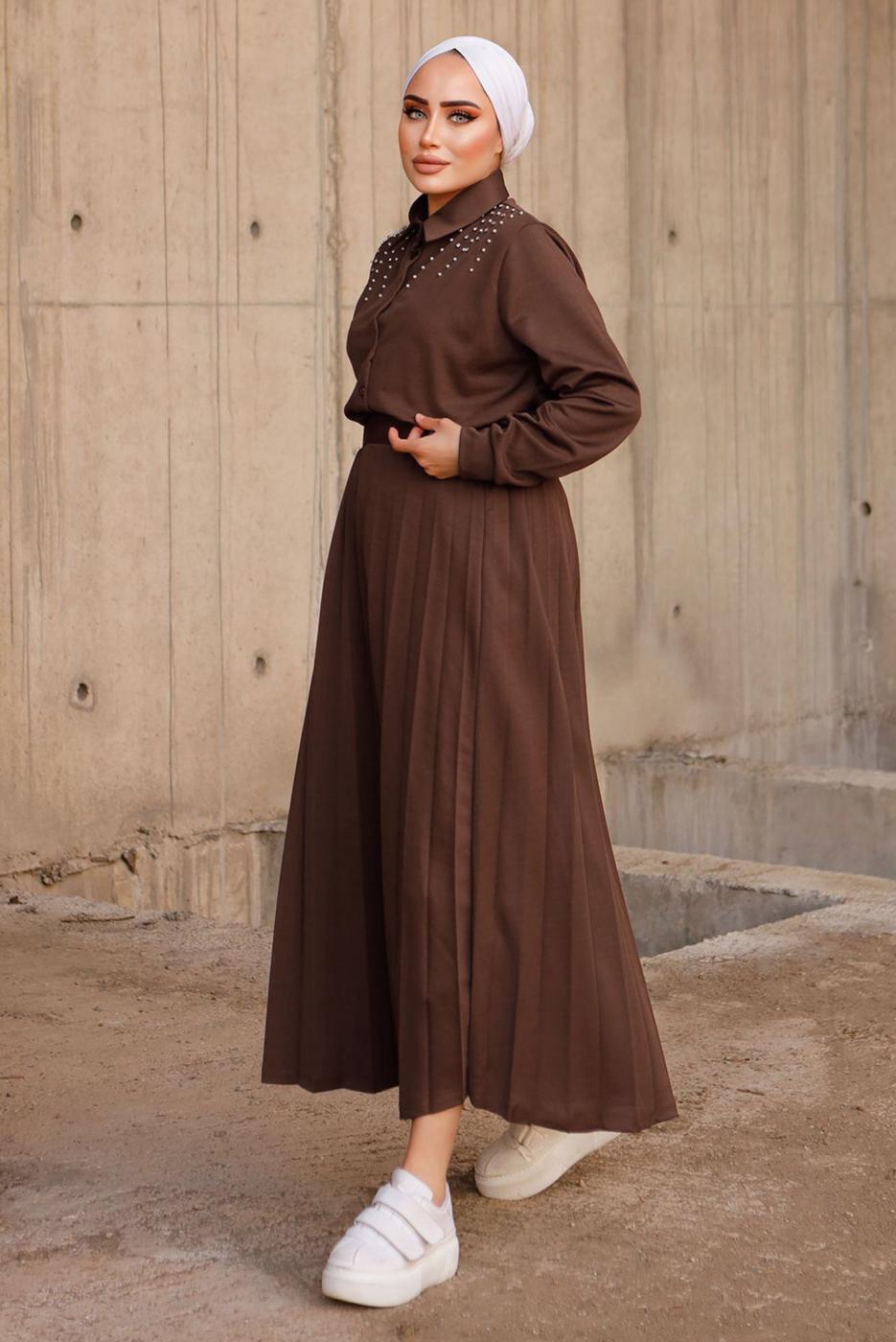 Vêtements hijab BRUN COSTUME JUPE DÉTAILS PERLES 4772