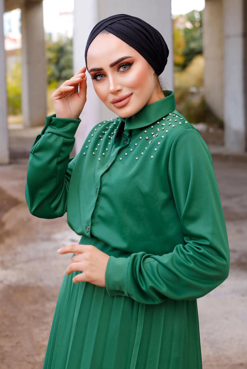 Tesettür giyim YEŞİL İNCİLİ ETEKLİ TAKIM 4772