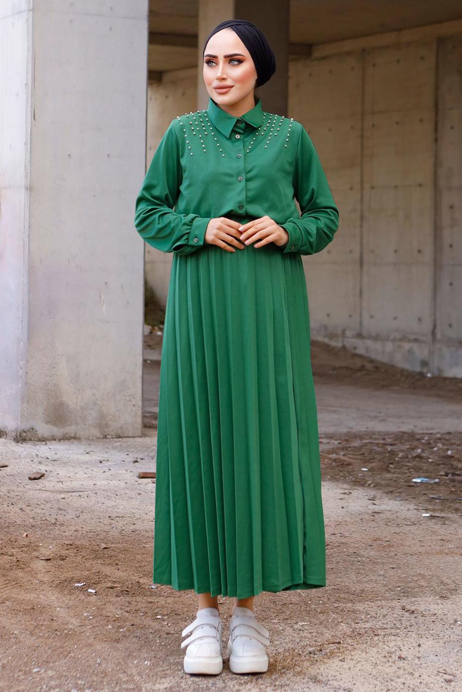 Tesettür giyim YEŞİL İNCİLİ ETEKLİ TAKIM 4772