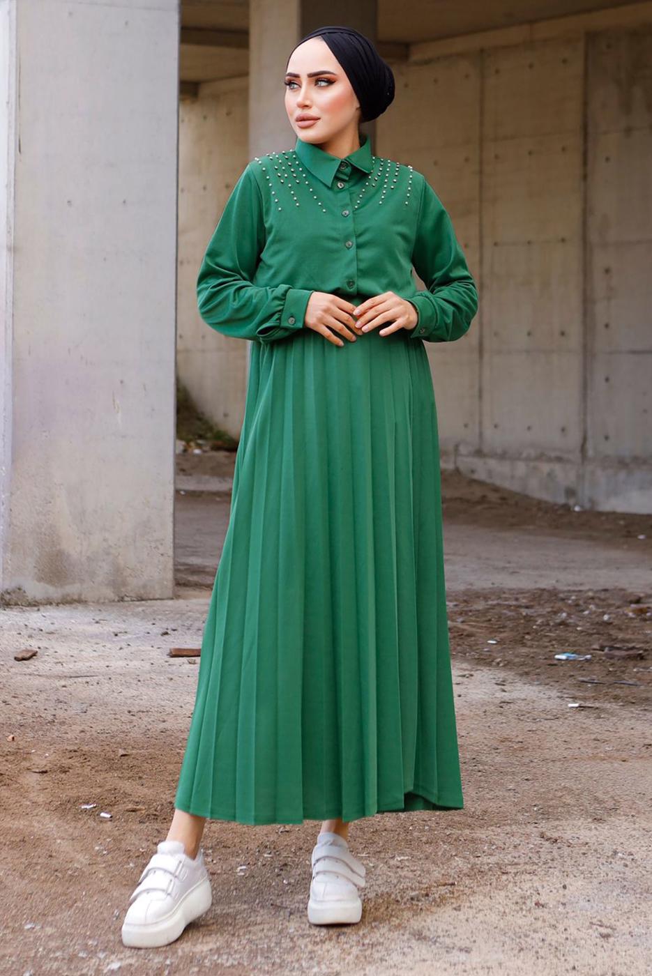Tesettür giyim YEŞİL İNCİLİ ETEKLİ TAKIM 4772