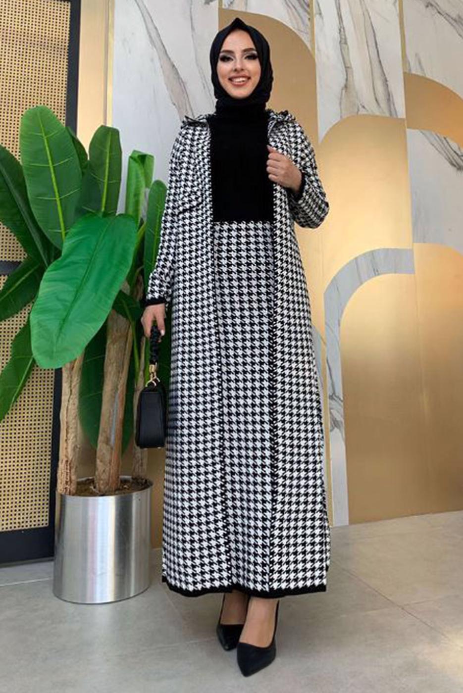 Tesettür giyim SİYAH KUŞAKLI KAZAYAĞI DESENLİ ÜÇLÜ TAKIM 72102 