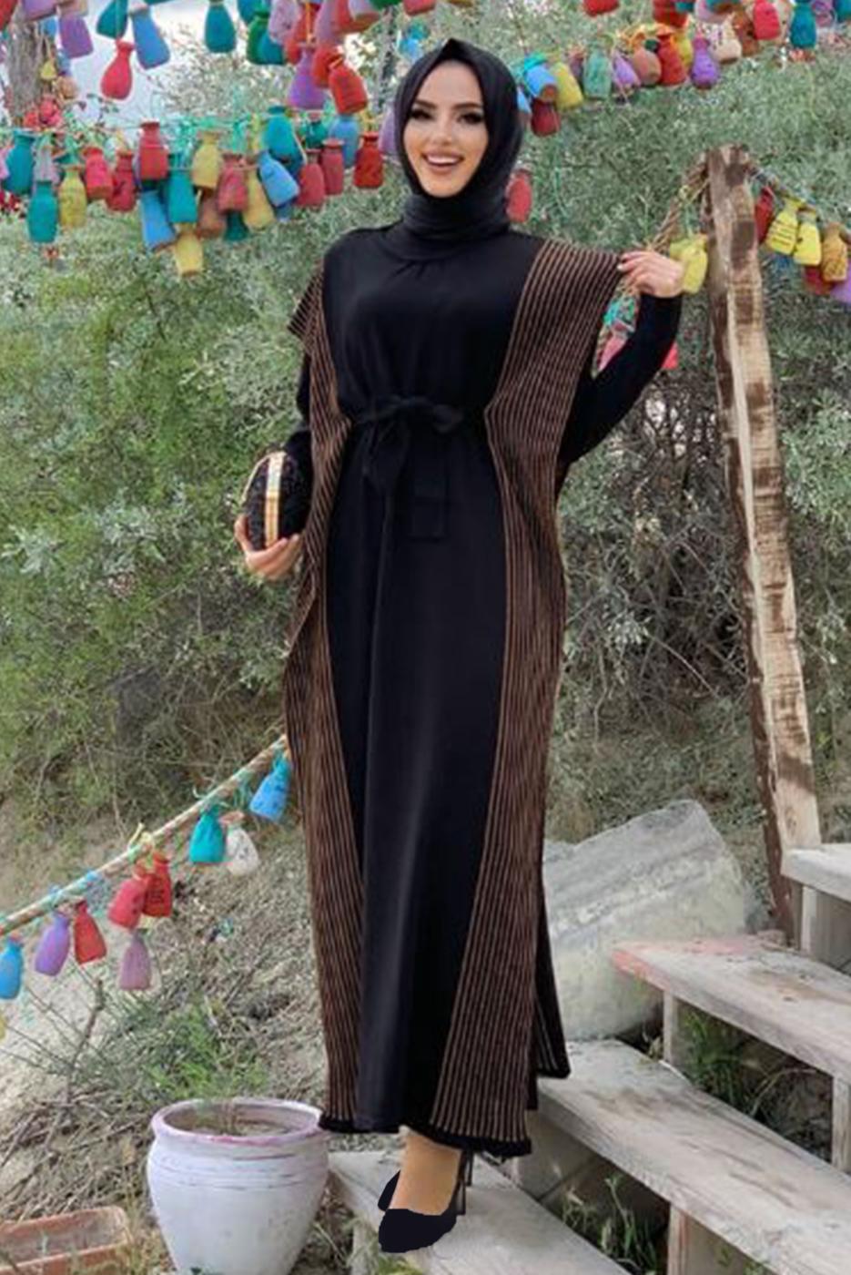 Tesettür giyim SİYAH SİMLİ TRİKO ELBİSELİ TAKIM 30222 