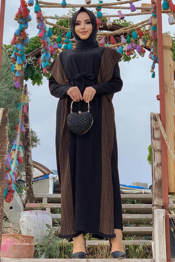 Vêtements hijab NOIR ENSEMBLE ROBE EN MAILLE ARGENTÉE 30222 - TRENDTESETTÜR