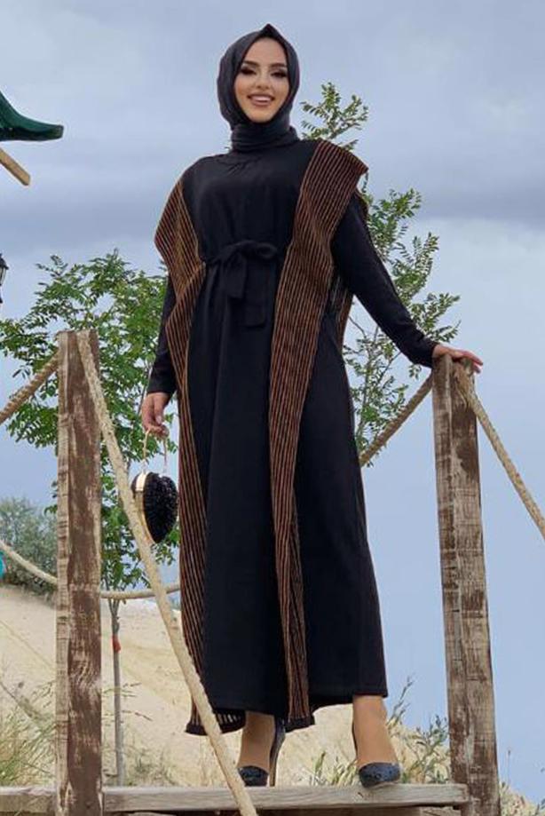 Vêtements hijab NOIR ENSEMBLE ROBE EN MAILLE ARGENTÉE 30222 - TRENDTESETTÜR