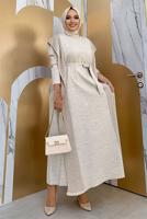 Tesettür giyim BEJ SİMLİ TRİKO ELBİSELİ TAKIM 30222 