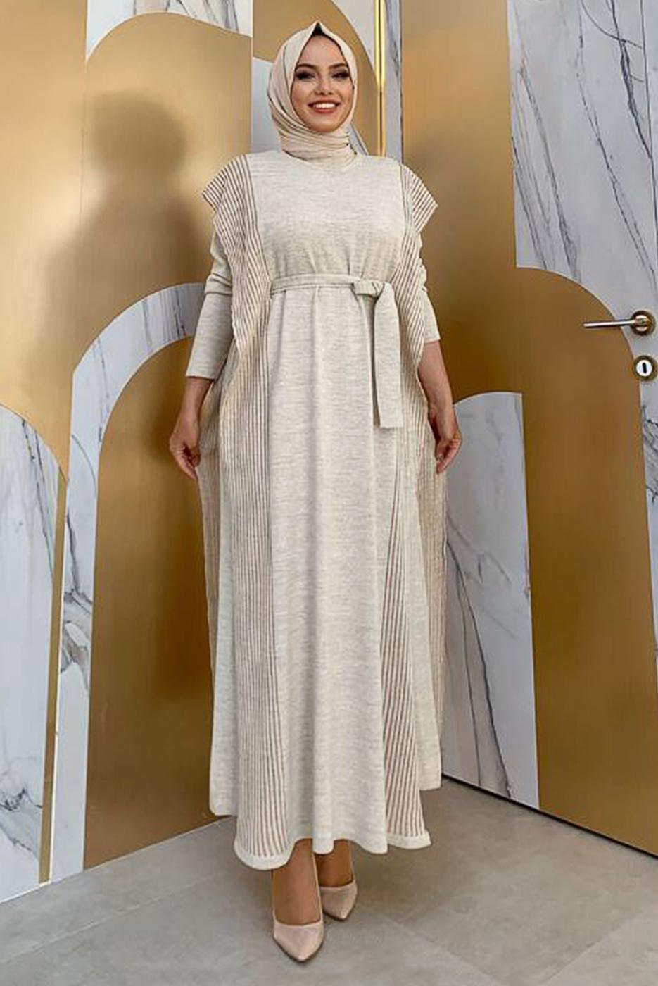 Tesettür giyim BEJ SİMLİ TRİKO ELBİSELİ TAKIM 30222 