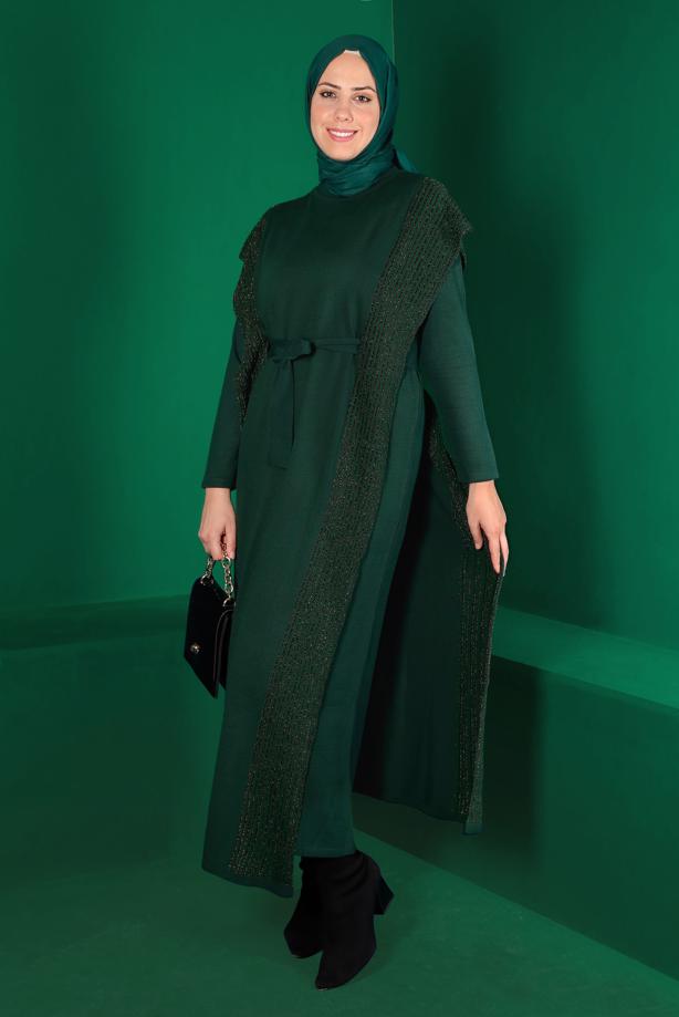 Vêtements hijab VERT ENSEMBLE ROBE EN MAILLE ARGENTÉE 30222 - TRENDTESETTÜR