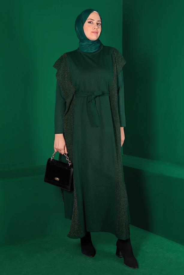 Vêtements hijab VERT ENSEMBLE ROBE EN MAILLE ARGENTÉE 30222 - TRENDTESETTÜR
