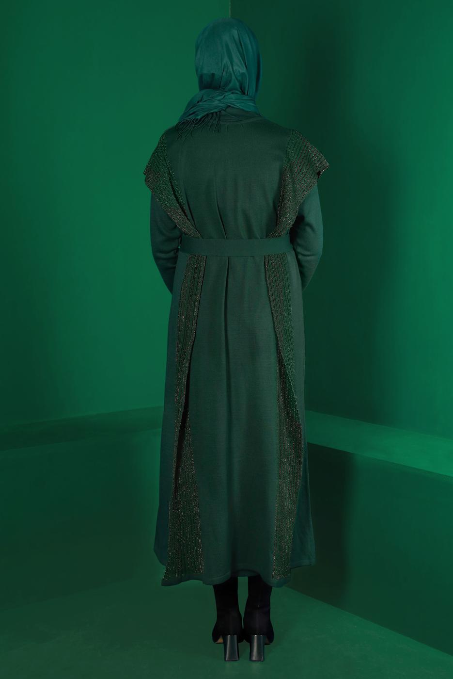 Tesettür giyim YEŞİL SİMLİ TRİKO ELBİSELİ TAKIM 30222
