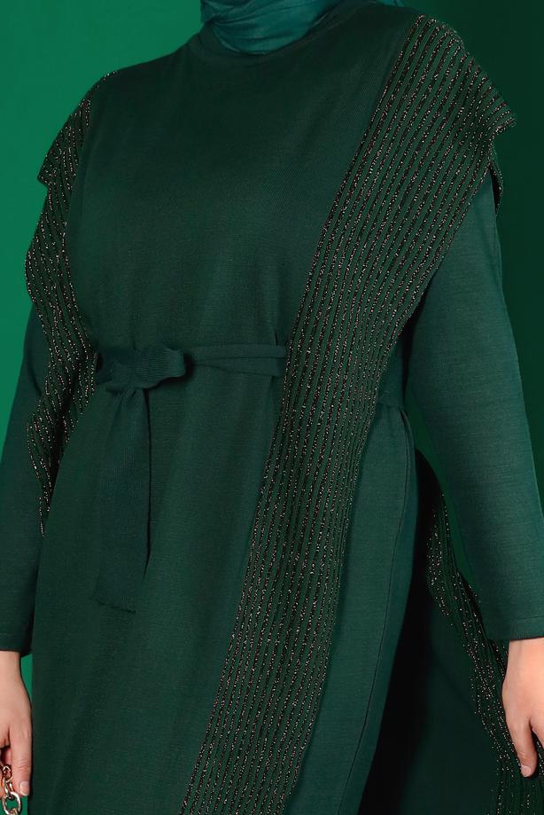 Vêtements hijab VERT ENSEMBLE ROBE EN MAILLE ARGENTÉE 30222 - TRENDTESETTÜR