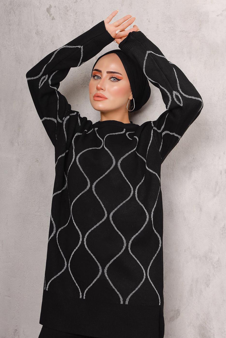 Tesettür giyim SİYAH DESENLİ TRİKO TAKIM T 5592