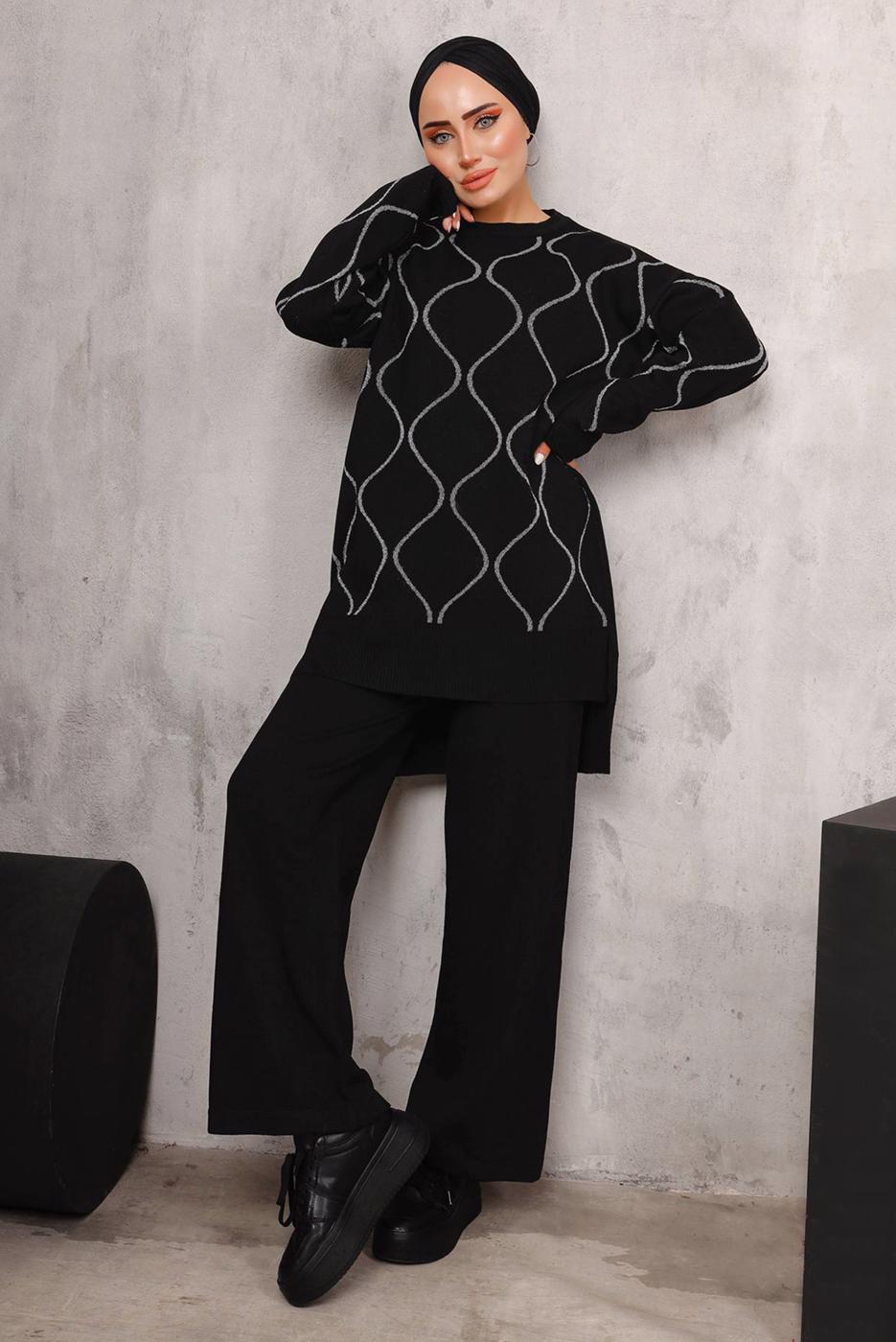 Tesettür giyim SİYAH DESENLİ TRİKO TAKIM T 5592