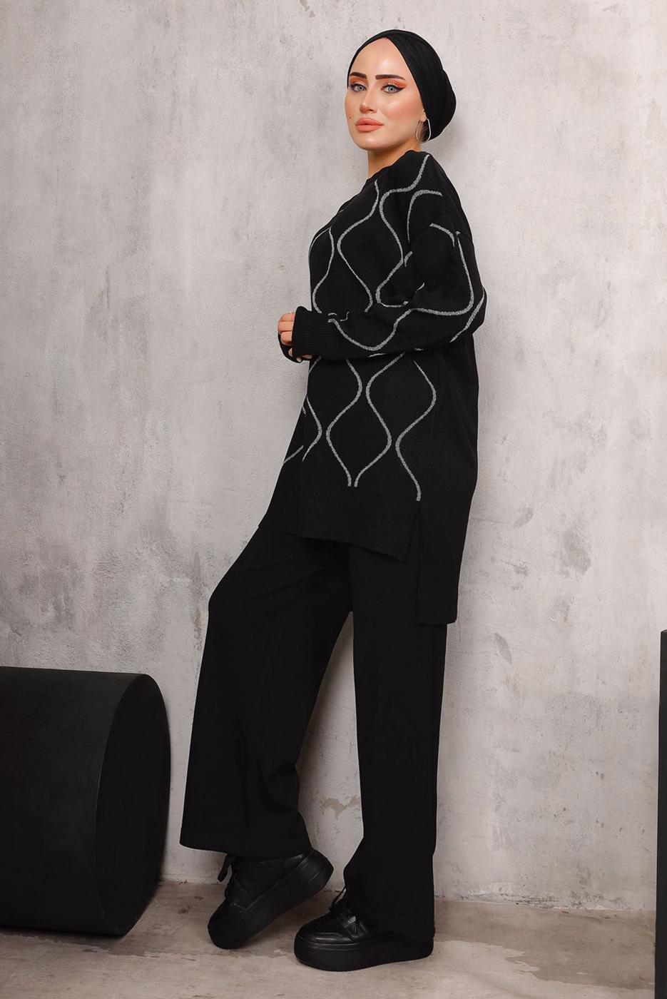 Tesettür giyim SİYAH DESENLİ TRİKO TAKIM T 5592