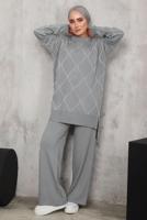 Tesettür giyim GRİ DESENLİ TRİKO TAKIM T 5592