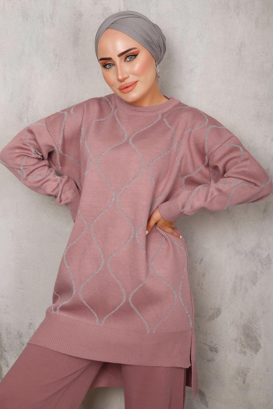 Vêtements hijab POUDRE COSTUME EN MAILLE À MOTIFS T 5592