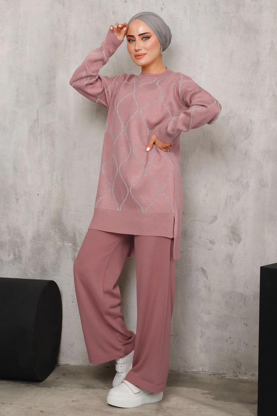 Vêtements hijab POUDRE COSTUME EN MAILLE À MOTIFS T 5592