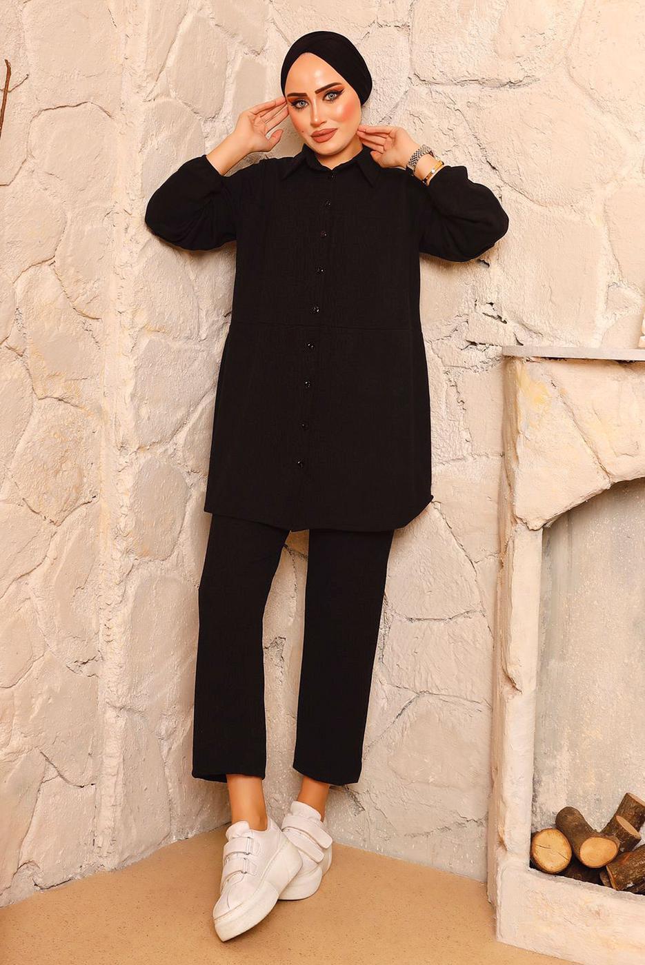 Tesettür giyim SİYAH FİTİLLİ PANTOLONLU TAKIM 0082 