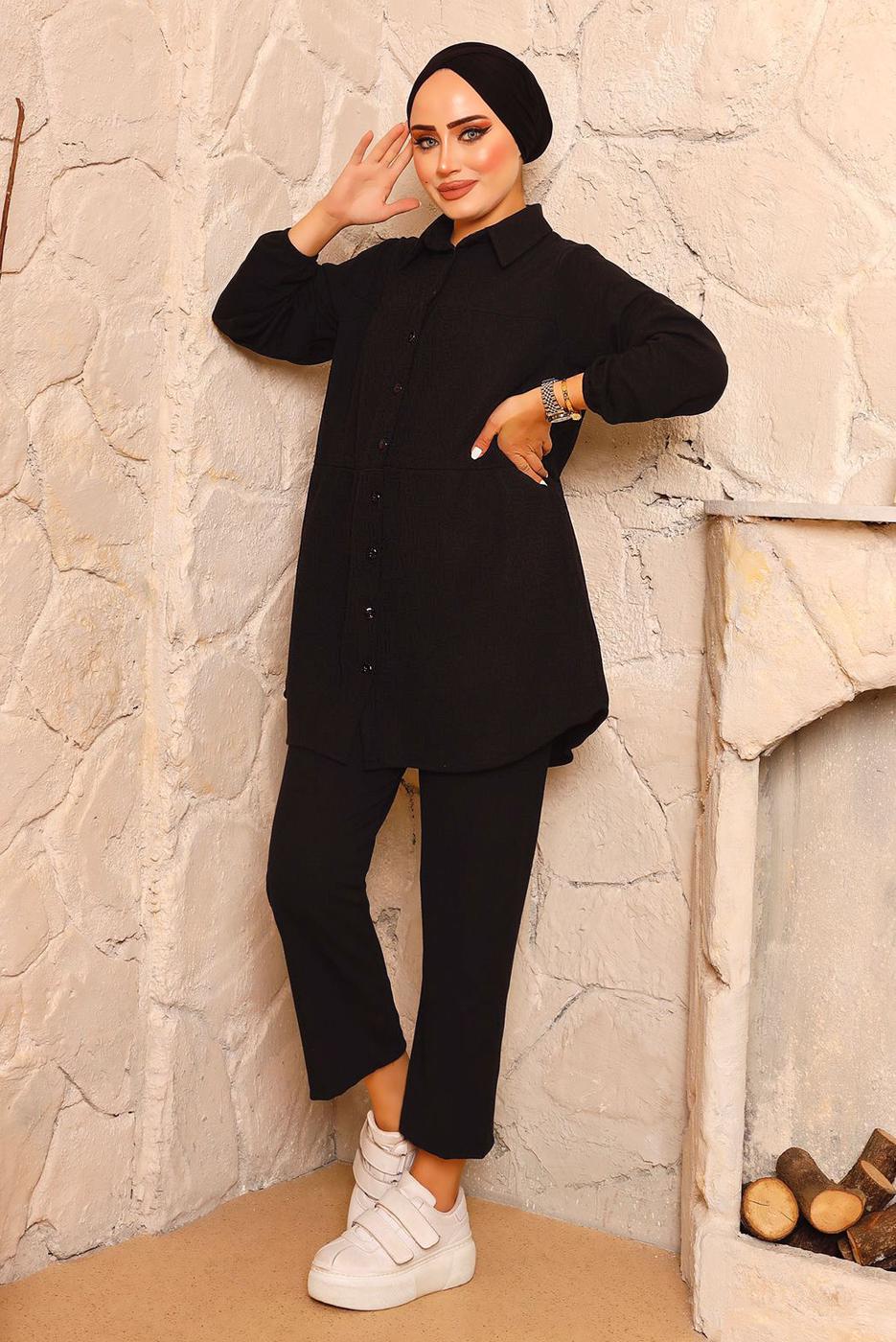 Tesettür giyim SİYAH FİTİLLİ PANTOLONLU TAKIM 0082 