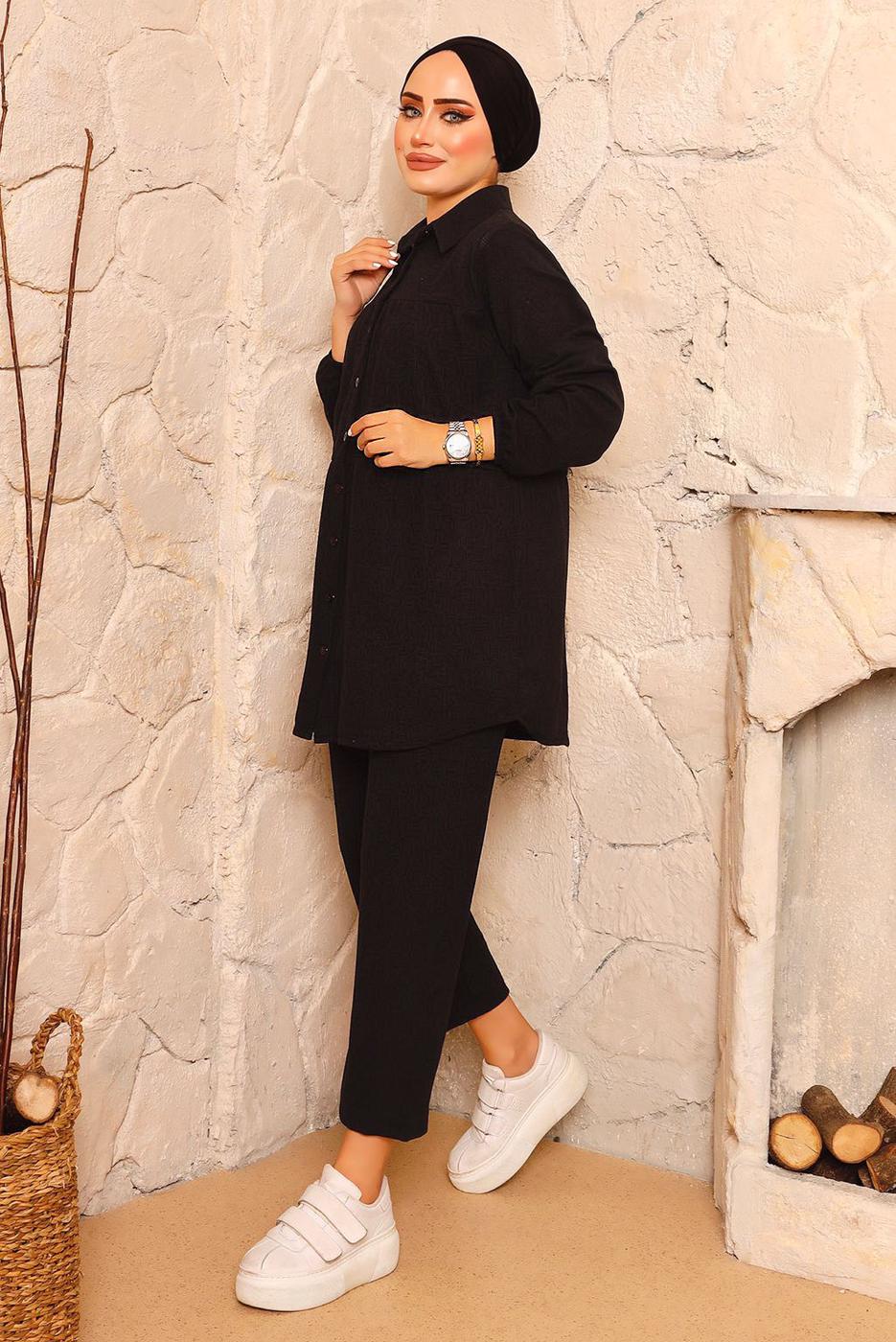 Tesettür giyim SİYAH FİTİLLİ PANTOLONLU TAKIM 0082 