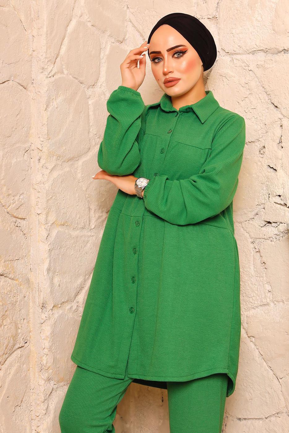 Tesettür giyim YEŞİL FİTİLLİ PANTOLONLU TAKIM 0082 